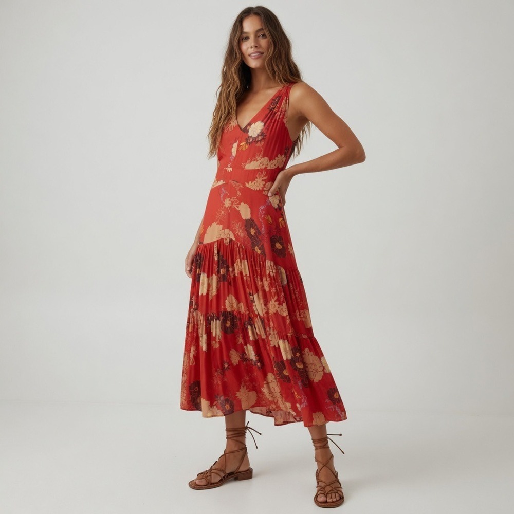 Free People Sure Thing Floral Maxi Dress Red Orange Boho Tiered OB1136382 Size 4